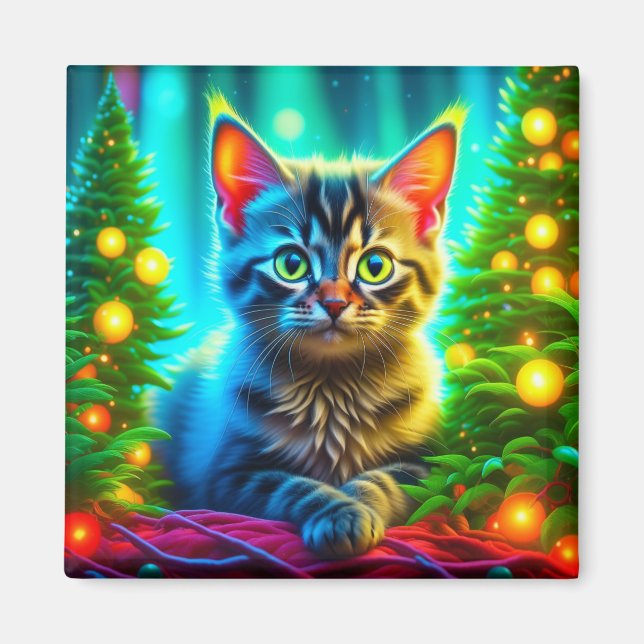 Aimant Kitten de Noël et arbres de Noël (Devant)