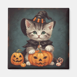 Aimant Kitten en costume d'Halloween et Jack-O'Lantern