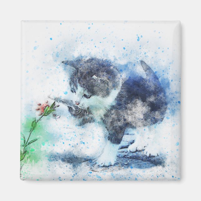 Aimant Kitten Jouer avec Flower | ABSTRAIT | Aquarelle (Devant)