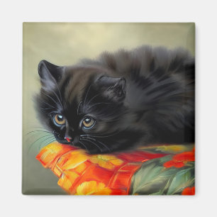 Aimant Kitten noir vintage avec couverture de fleurs roug