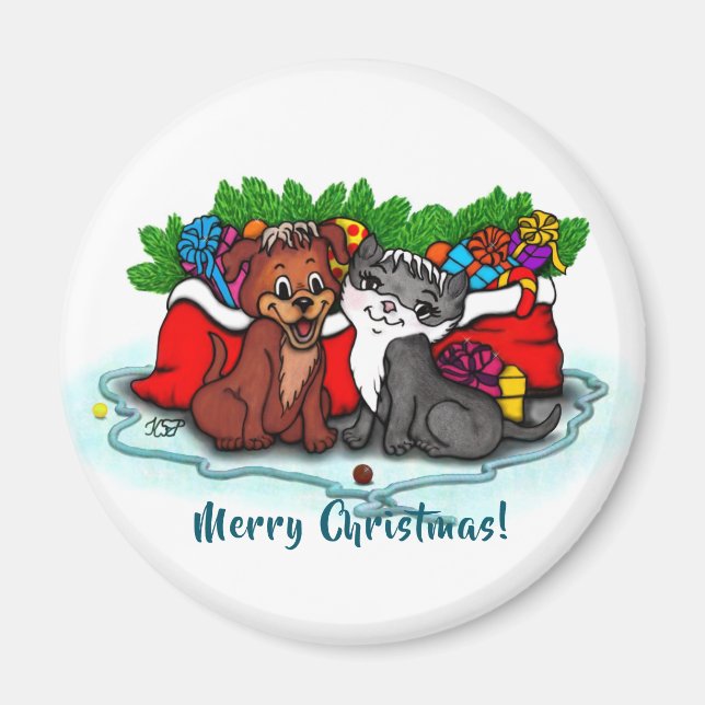 Aimant Kitty et chiot, Happy XMas (Devant)