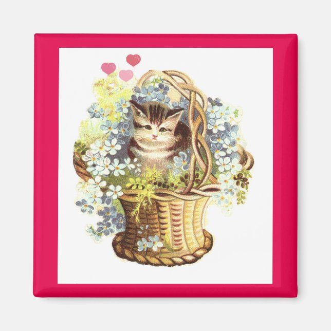 Aimant Kitty vintage Dans Panier Fleur (Devant)