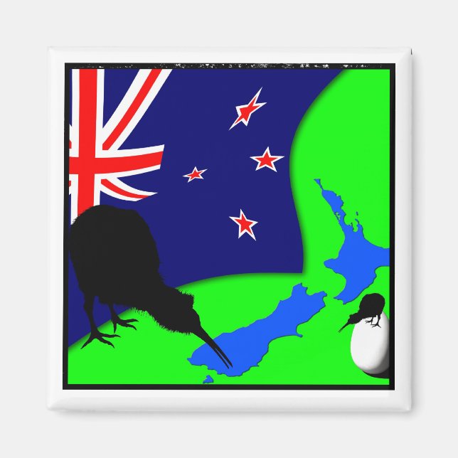 Aimant Kiwi Bird, Egg & Nouvelle-Zélande Carte (dessin) (Devant)