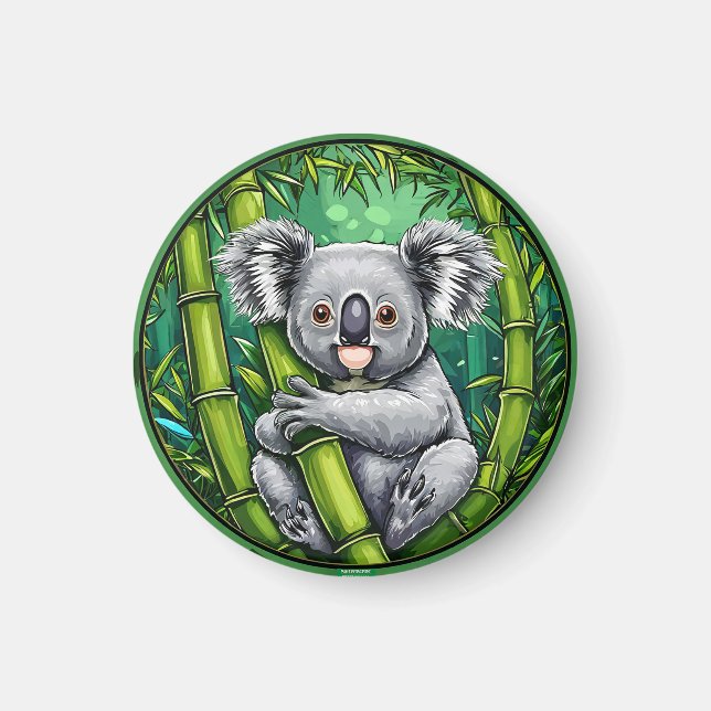 Aimant Koala adorable étreignant une tige de bambou (Devant)