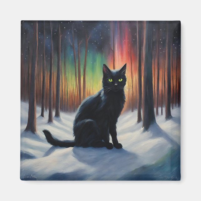 Aimant La magie de la Lune : un chat noir dans la forêt d (Devant)