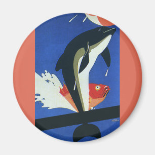 Aimant La vie marine vintage, dauphin et poisson rouge