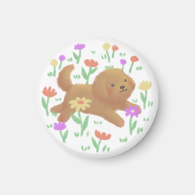 Aimant Labradoodle avec fleurs Illustration (Devant)