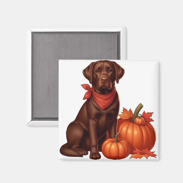 Aimant Labrador chocolat avec bandana rouge par citrouill (Recto/Verso)