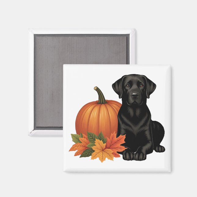 Aimant Labrador Noir avec feuilles d'automne et Citrouill (Recto/Verso)