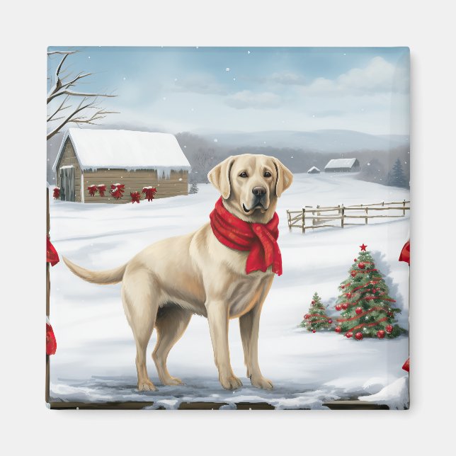 Aimant Labrador Retriever dans la neige à Noël (Devant)