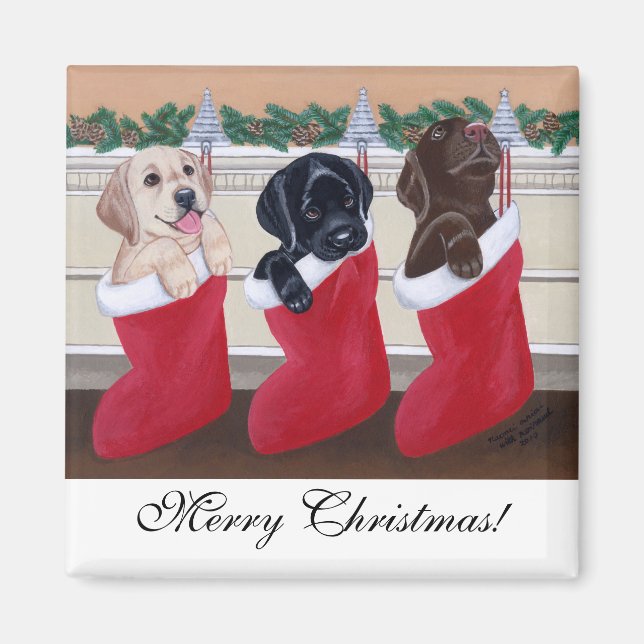 Aimant Labrador Retriever Puppies peinture de Noël (Devant)