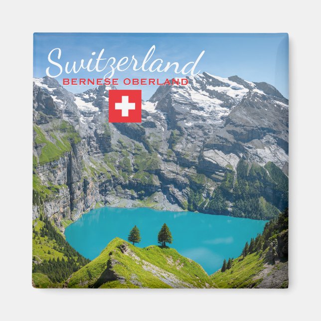 Aimant Lac alpin Oeschinensee en Suisse avec drapeau (Devant)