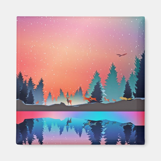 Aimant Lac d'hiver pittoresque avec Cerf (Devant)