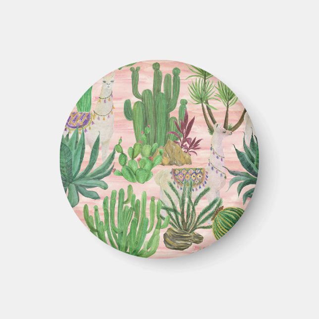 Aimant Lamas aquarelle et motif cactus. (Devant)