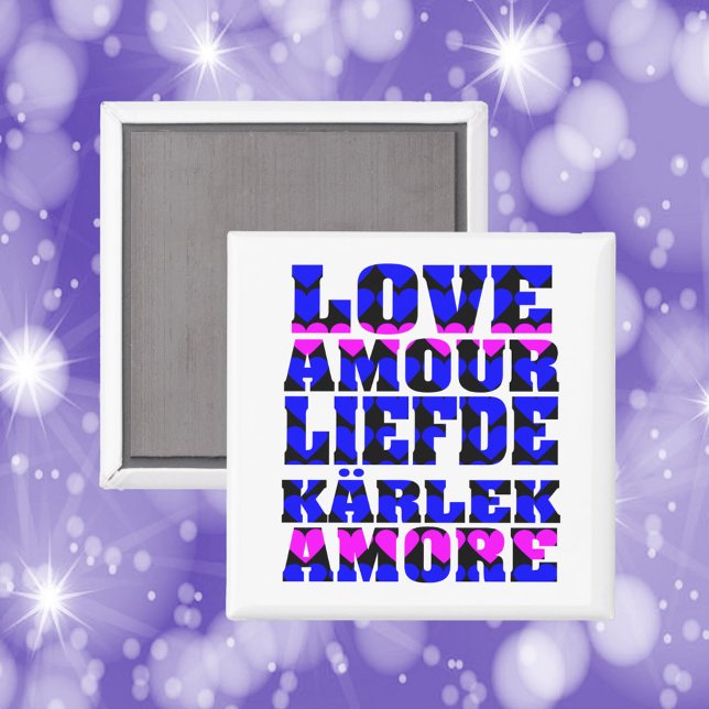 Aimant L'amour dans plusieurs langues Coeurs Bleus Rose (A magnet that says love in a variety of languages with a pink and blue heart pattern)