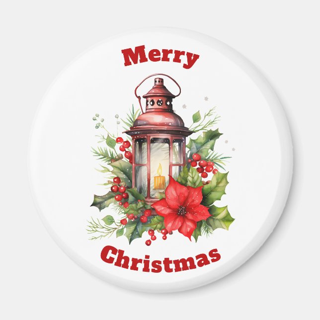 Aimant Lanterne rouge de Noël Poinsettia et pin (Devant)