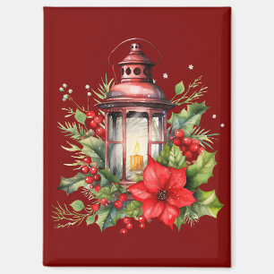 Aimant Lanterne rouge de Noël Poinsettia et pin