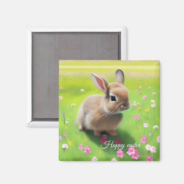 Aimant Lapin bébé mignon dans un pré fleuri   (Recto/Verso)