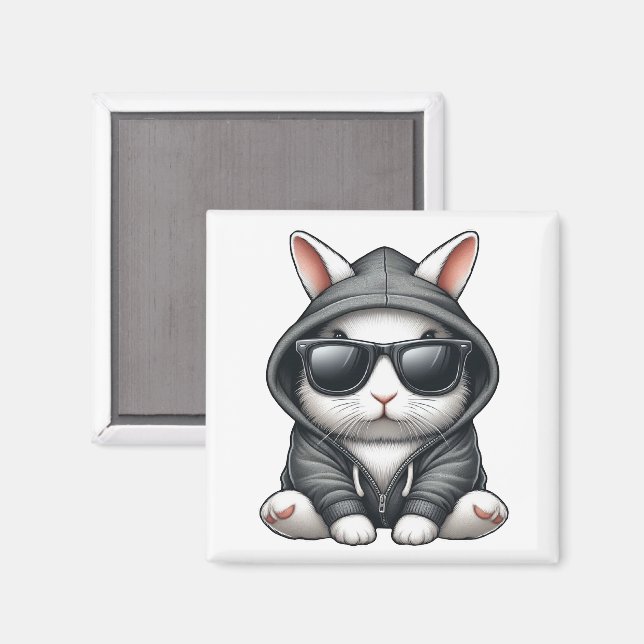 Aimant Lapin Blanc Cool en Capuche et Lunettes de Soleil (Recto/Verso)