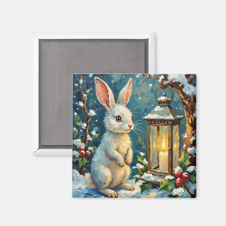 Aimant Lapin blanc vintage avec lanterne de Noël
