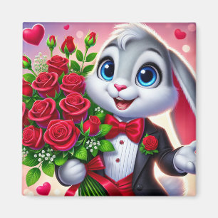 Aimant Lapin de dessin animé charmant tenant des roses