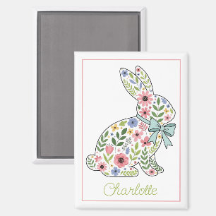 Aimant Lapin de Pâques aux fleurs sauvages roses et bleue