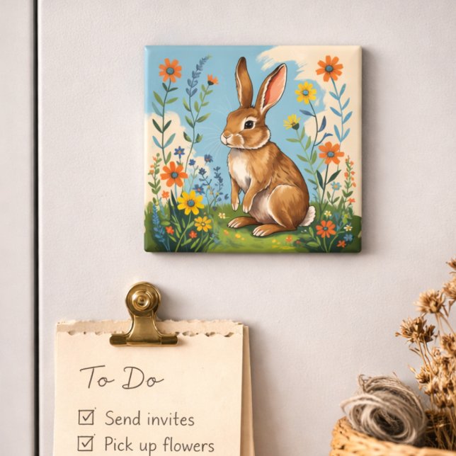 Aimant Lapin de printemps avec fleurs sauvages (Créateur téléchargé)