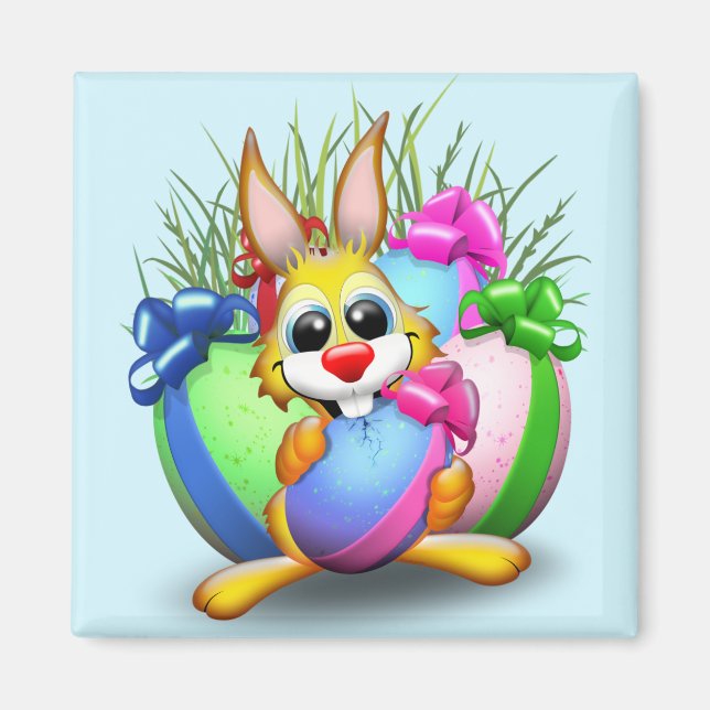 Aimant Lapin drôle mordant un œuf de Pâques (Devant)