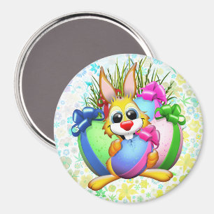 Aimant Lapin drôle mordant un œuf de Pâques