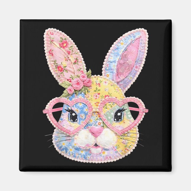 Aimant Lapin drôle visage Gles floral patchwork lapin Est (Devant)