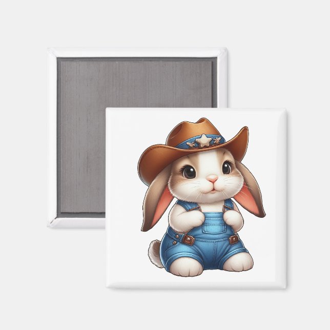 Aimant Lapin en tenue Cowboy avec Casquette et coutures (Recto/Verso)