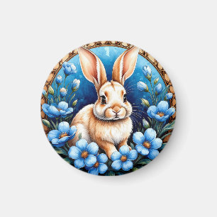 Aimant Lapin entouré de fleurs bleues