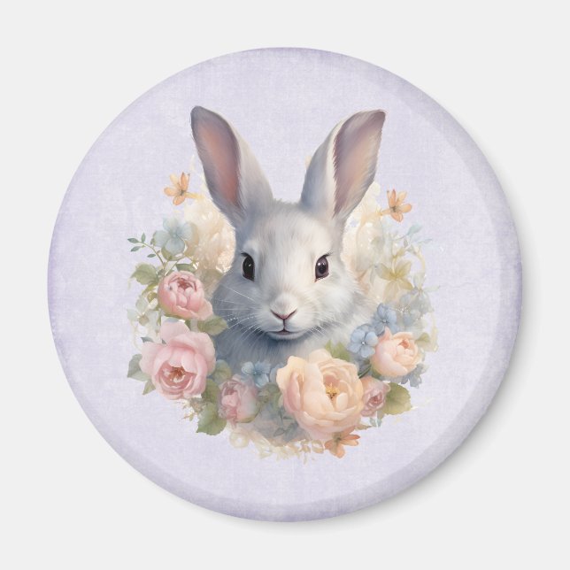 Aimant Lapin entouré de fleurs pastel mignon (Devant)