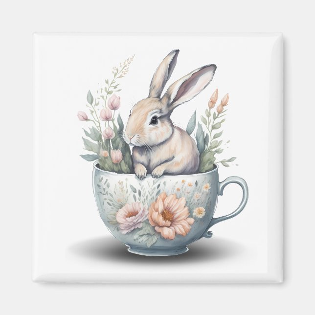 Aimant Lapin lapin en Teacup avec Fleurs Réfrigérateur (Devant)
