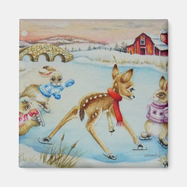 Aimant Lapin lapins et patinage sur glace Fawn Aquarelle  (Devant)