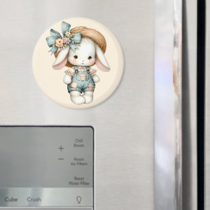 Aimant Lapin mignon en salopette avec chapeau de paille e