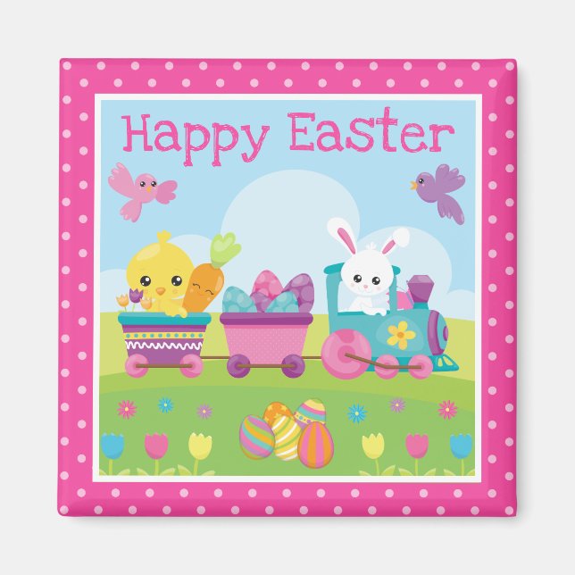 Aimant Lapin mignon, poussin et train d'oeufs en chocolat (Devant)