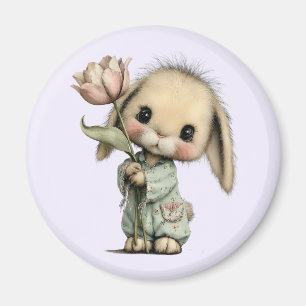 Aimant Lapin mignon tenant une Tulipe
