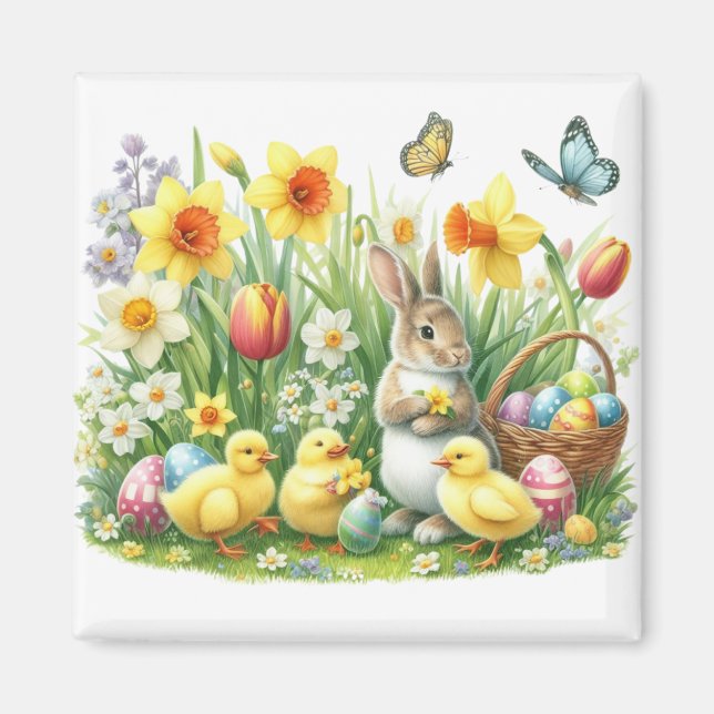 Aimant lapin/poulet de printemps classique/Vintage (Devant)