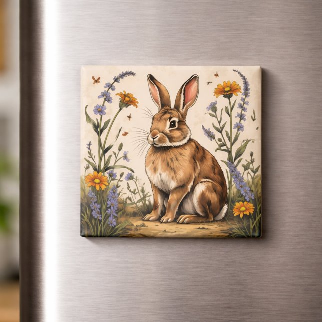 Aimant Lapin Vintage avec Fleurs Sauvages (Créateur téléchargé)