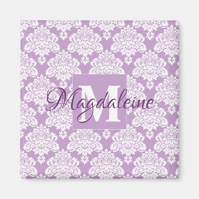 Aimant Lavande violet Damask Monogramme avec nom magnétiq (Devant)