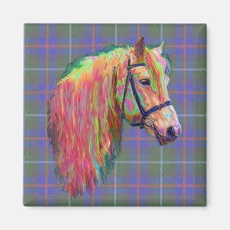 Aimant Le poney arc-en-ciel sur tartan, customisez-moi !