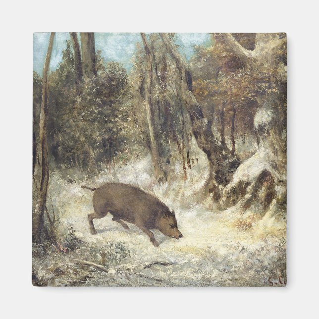 Aimant Le sanglier dans la neige, signé Courbet (faux) (Devant)