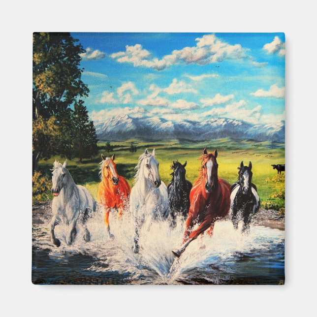 Aimant Les chevaux de ranch traversent la peinture de pay (Devant)