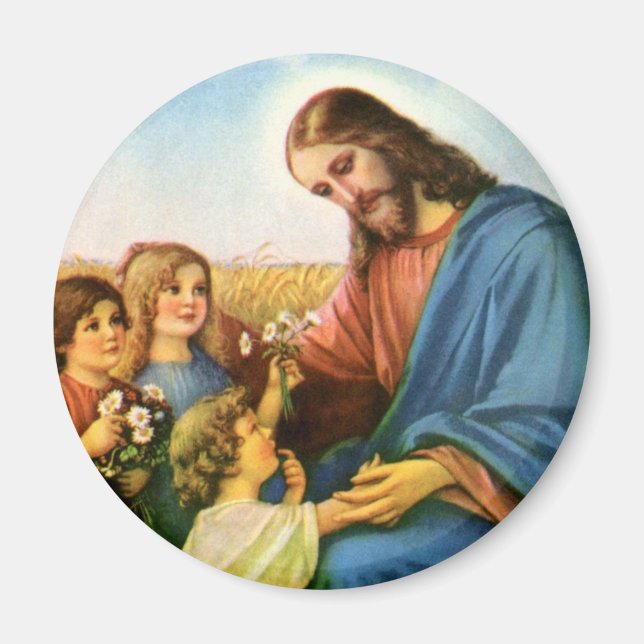 Aimant Les enfants vintages apportent des fleurs à Jésus- (Devant)