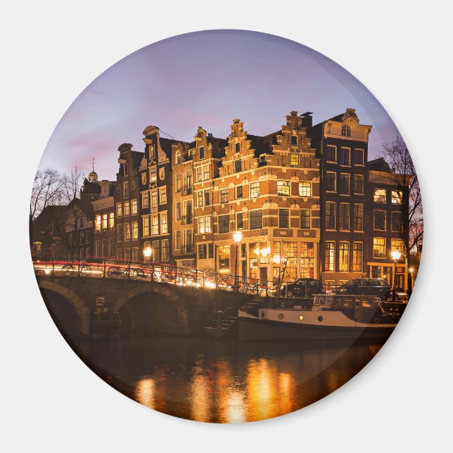 Aimant Les maisons du canal d'Amsterdam à l'aimant rond d (Devant)