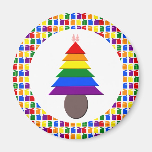 Aimant Lesbiennes Arbre de Noël arc-en-ciel et présents (Devant)