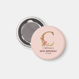 Aimant Lettre de nom personnalisée C Roses roses blush Or