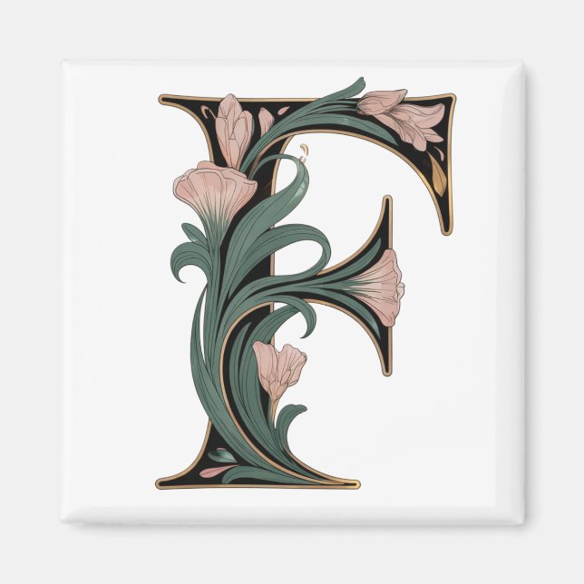 Aimant lettre F rose et vert Art Nouveau (Devant)