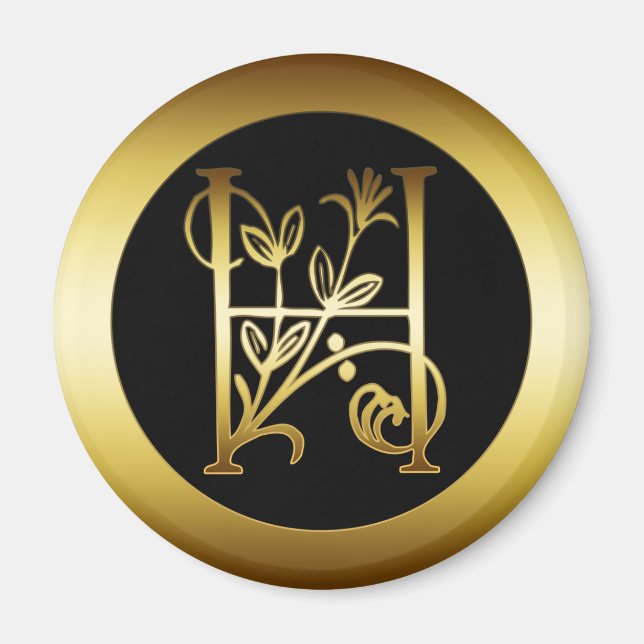 AIMANT LETTRE H MONOGRAMME FLORALE D'OR (Devant)